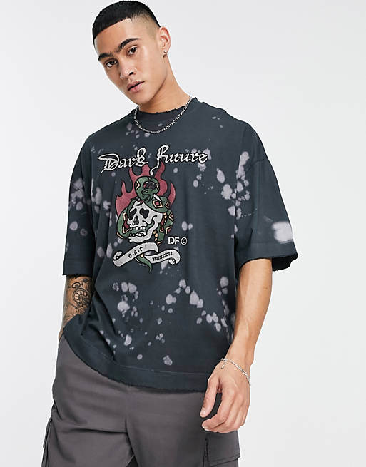 ASOS Dark Future oversized t-shirt with raw edges and acid wash graphic ...