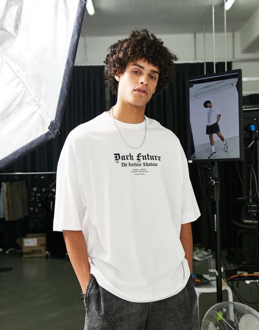 ASOS Dark Future oversized t-shirt with small logo chest print in white ...