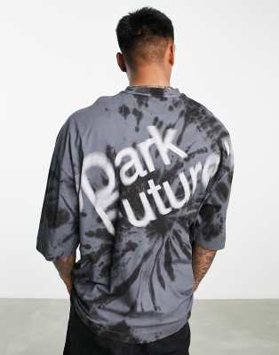 Asos Dark Future Oversized T Shirt With Spiral Tie Dye And Blurred Logo Graphic Print In Black