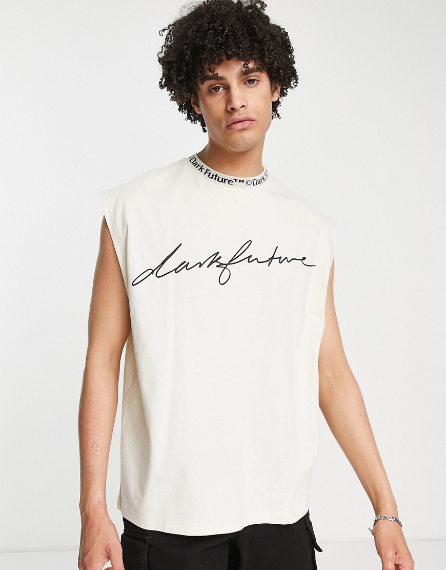 ASOS Dark Future oversized tank top with logo neck rib and signature logo print in off-white