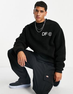 ASOS Dark Future oversized teddy borg crew in black with chest embroidery