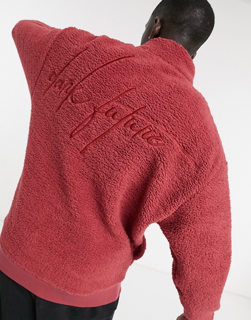 ASOS Dark Future oversized teddy borg half zip sweatshirt with back embroidery