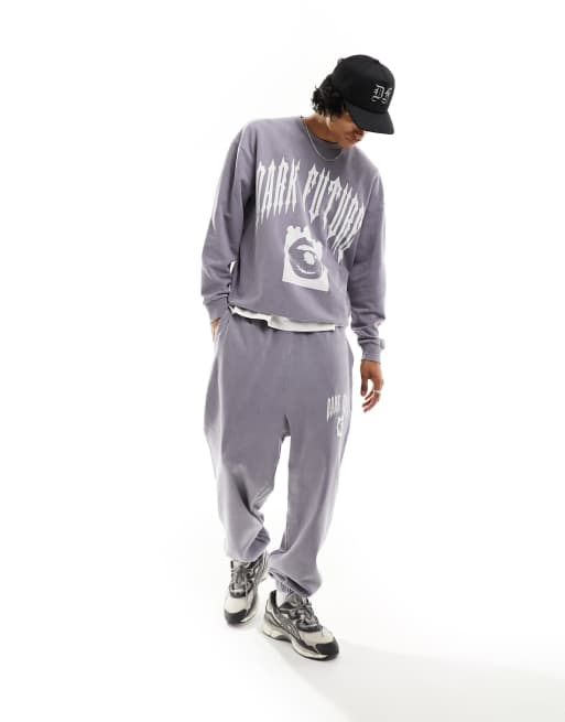 ASOS Dark Future oversized trackies in grey acid wash with lip print (part of a set)