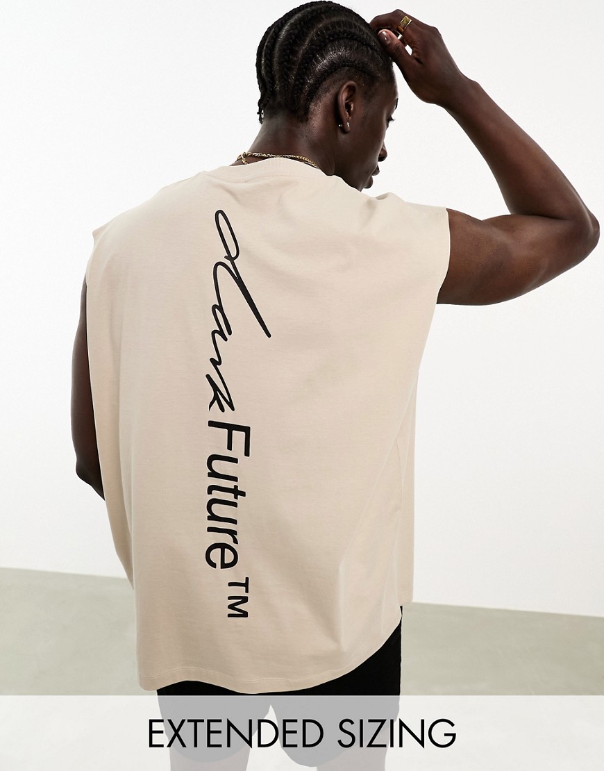 ASOS Dark Future oversized vest with logo spine print in beige-Neutral