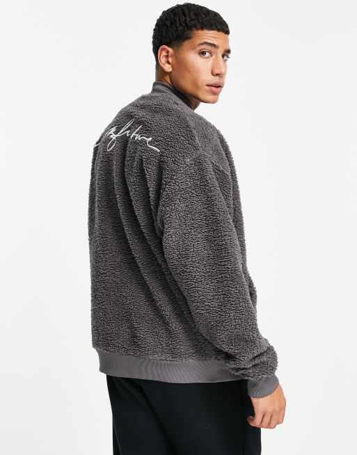 Grey oversized borg outlet zip through teddy jacket