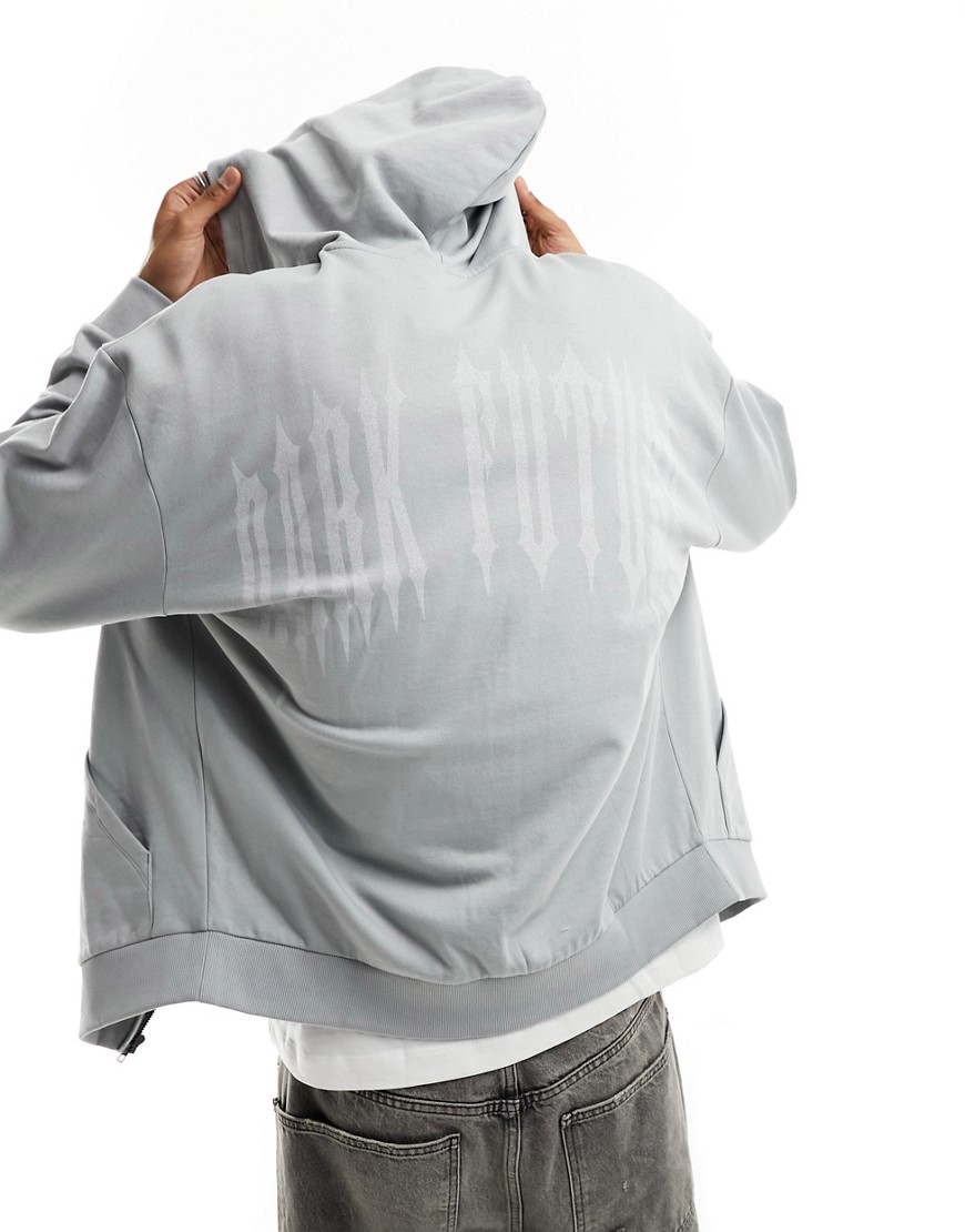 ASOS DARK FUTURE oversized zip through hoodie in grey with print