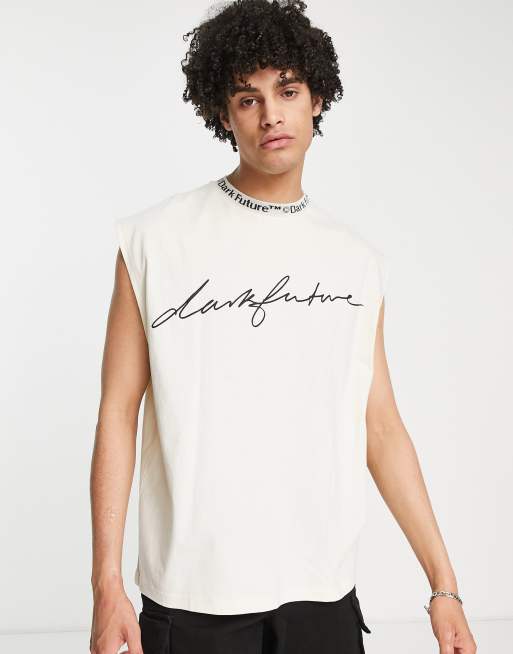 ASOS Dark Future – Podkoszulek oversize w kolorze złamanej bieli z prążkowanym dekoltem z logo oraz nadrukiem logo