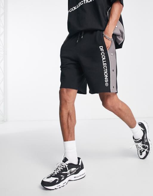 ASOS Dark Future relaxed shorts with side seam poppers and logo print in black (part of a set)
