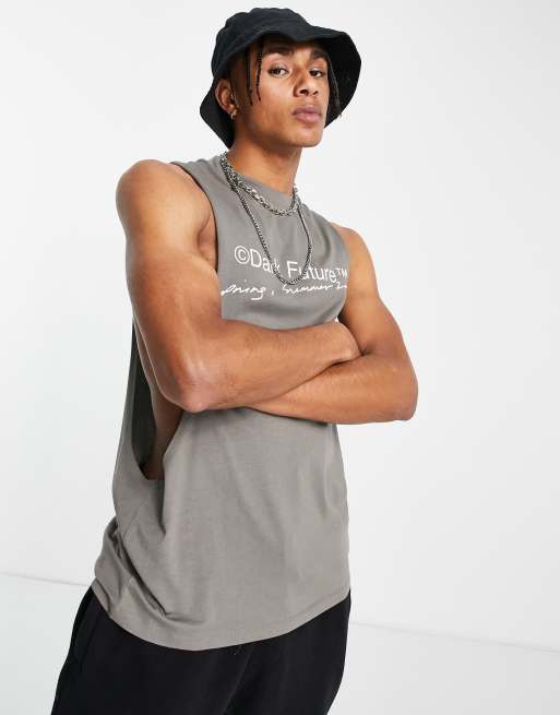 ASOS Dark Future relaxed singlet with scoop armhole with chest print in grey