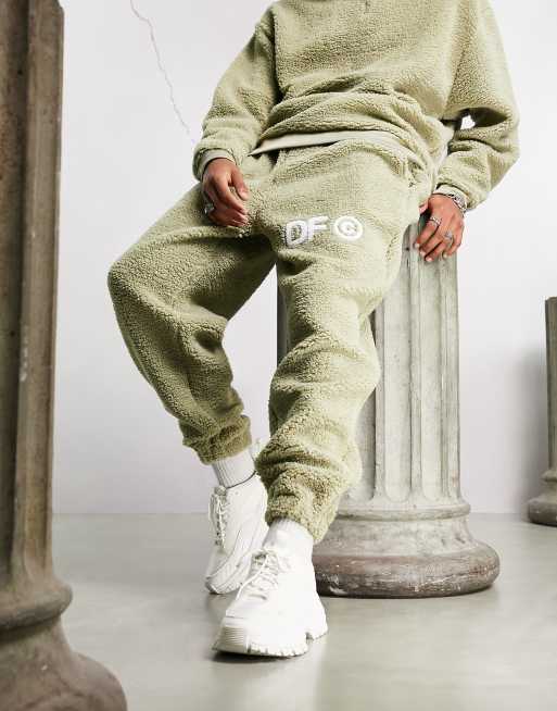 ASOS Dark Future relaxed trackies in teddy borg with logo embroidery in neutral (part of a set)