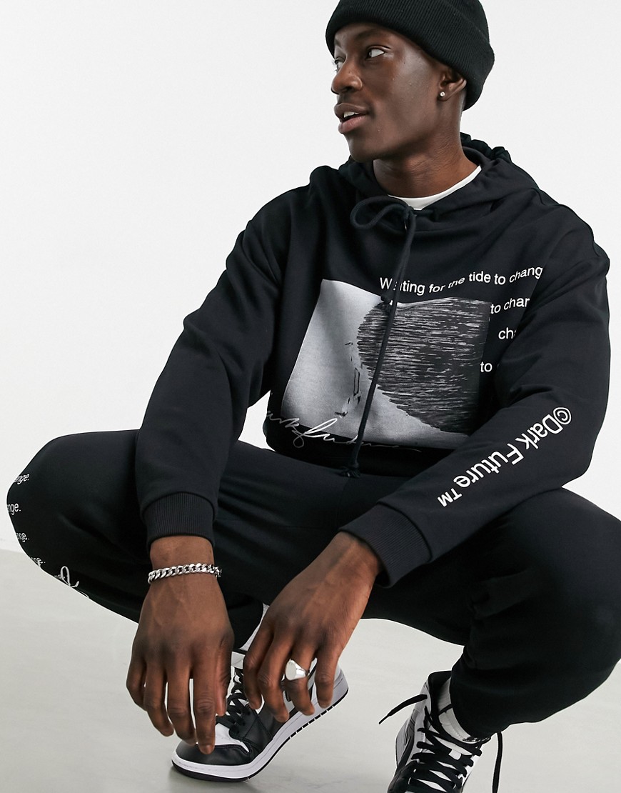 ASOS Dark Future set oversized hoodie in black with front graphic and multi logo prints