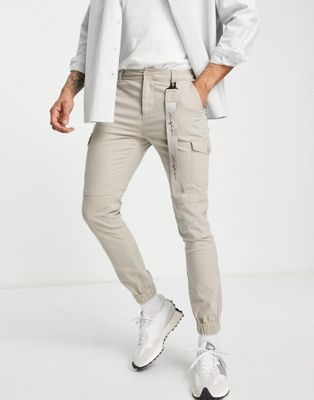 ASOS Dark Future skinny cargo pants in washed beige with lanyard-Neutral