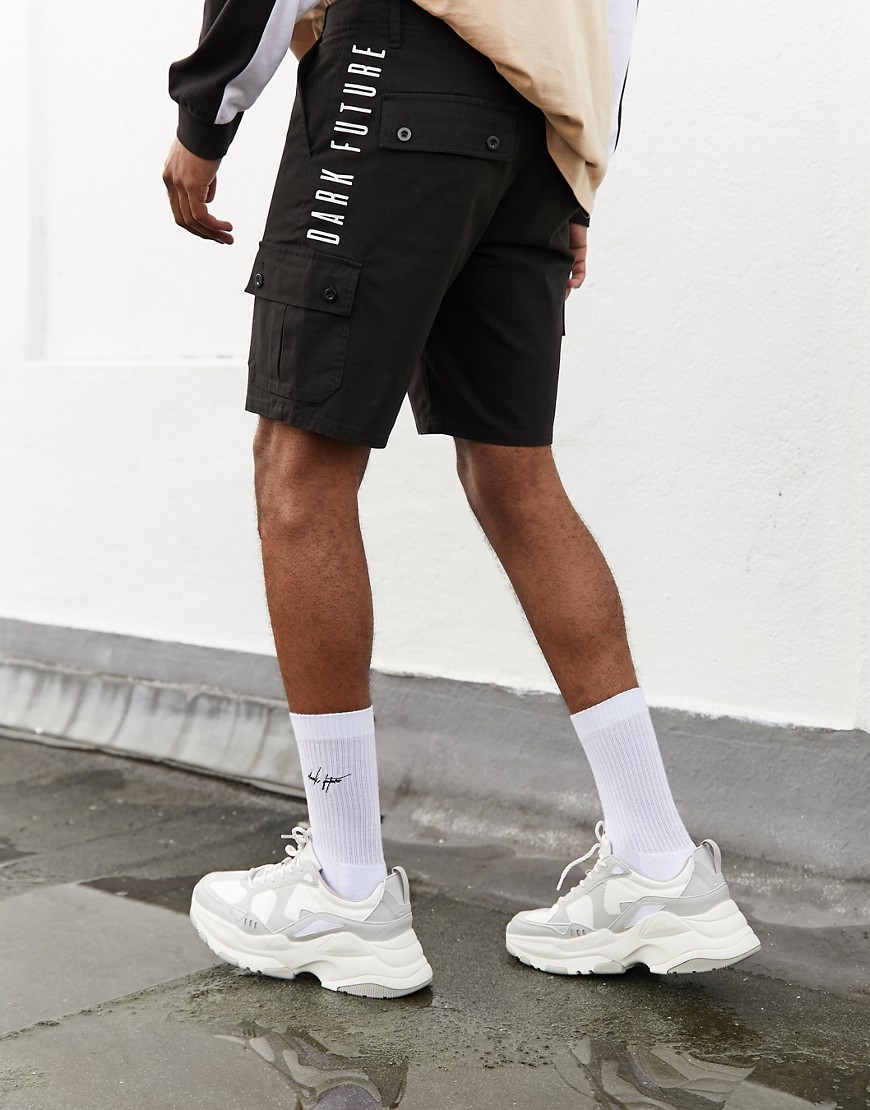 ASOS Dark Future slim cargo shorts with text print-Black