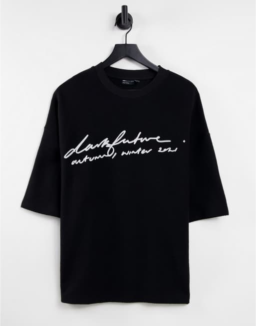 ASOS - Dark Future - Sort oversized T-shirt i tekstureret bomuld med logobroderi foran