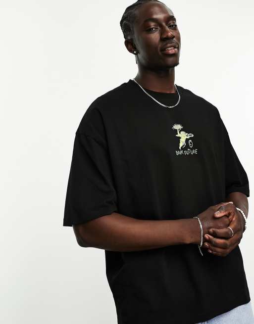 ASOS Dark Future – Svart t-shirt i oversize med ängeltryck på bröstet