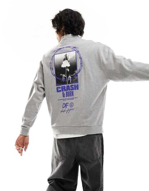 ASOS Dark Future - Sweat oversize à col zippé et imprimé photo dans le dos - Gris chiné