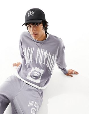 ASOS DARK FUTURE co-ord oversized sweatshirt in grey acid wash with lip print - ASOS Price Checker