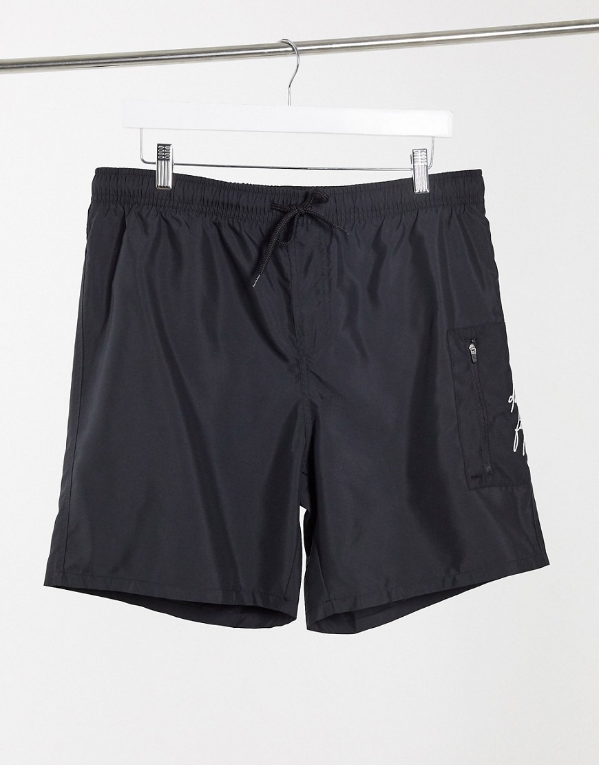 ASOS Dark Future swim trunks with MA1 pocket in black