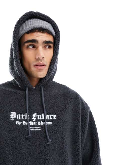 ASOS Dark Future – Szara bluza z kapturem oversize ze sztucznego kożuszka z haftem z przodu i z tyłu