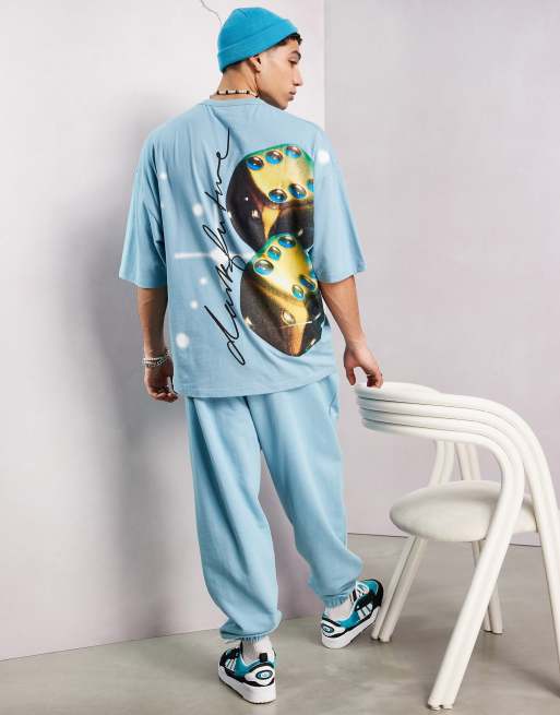 ASOS Dark Future - T-shirt blu acqua oversize con stampa di dadi sul retro e logo in coordinato