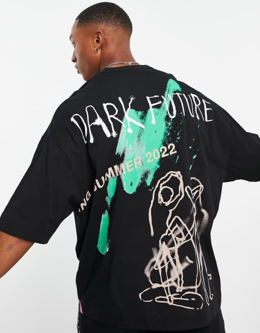 ASOS Dark Future - T-shirt d'ensemble oversize à logos et imprimé graphique multicolores - Noir