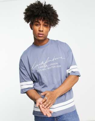 T-shirt oversize blu ardesia con fondo e polsini a righe a contrasto con logo ricamato - ASOS DESIGN T-shirt donna  - immagine3