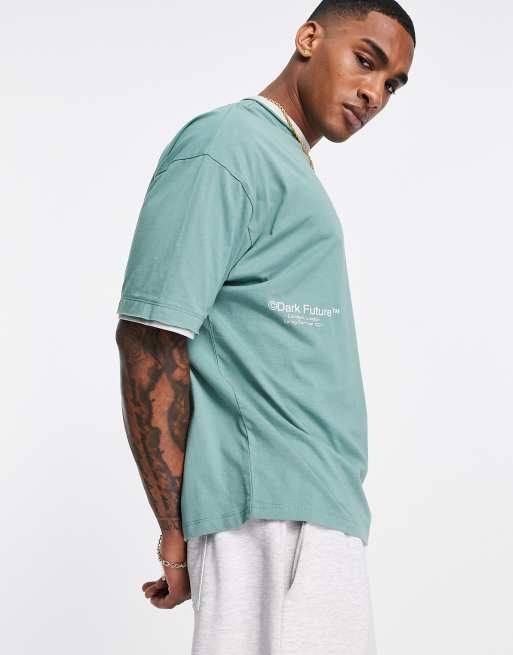 ASOS Dark Future - T-shirt oversize con bordi grezzi a doppio strato verde-azzurra con logo grande sulla schiena, 3 di 4
