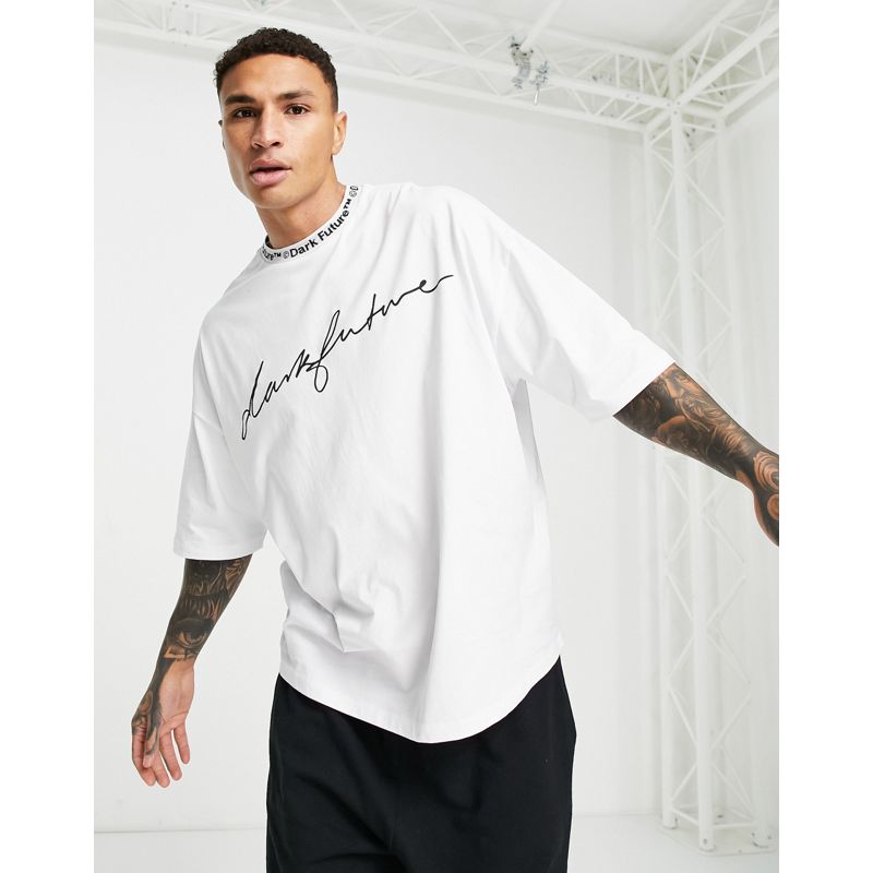 VImoK Uomo Dark Future - T-shirt oversize con dettaglio sul collo e stampa con logo bianca