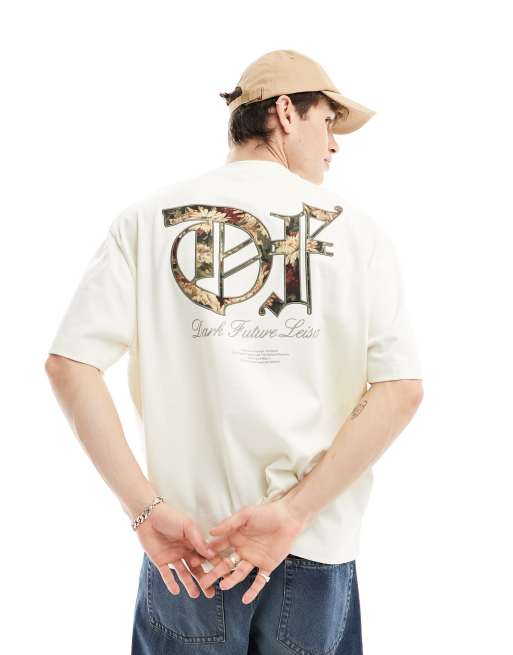 ASOS Dark Future – T-shirt oversize w kolorze złamanej bieli z haftowanym wzorem z motywem kwiatów i napisem na plecach