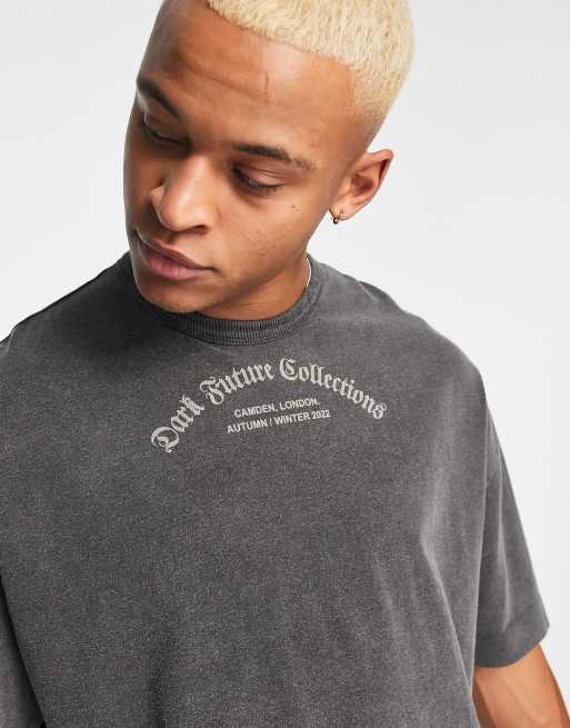 ASOS Dark Future – T-shirt oversize z grubego dżerseju z gotyckim logo, w kolorze spranej czerni