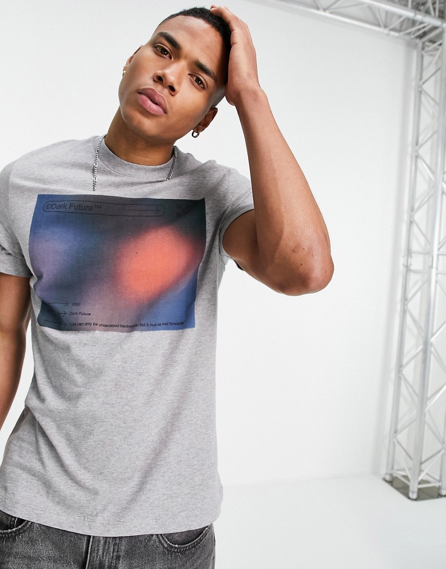Asos Dark Future T-shirt With Chest Planet Graphic Logo Print In Gray Heather-grey