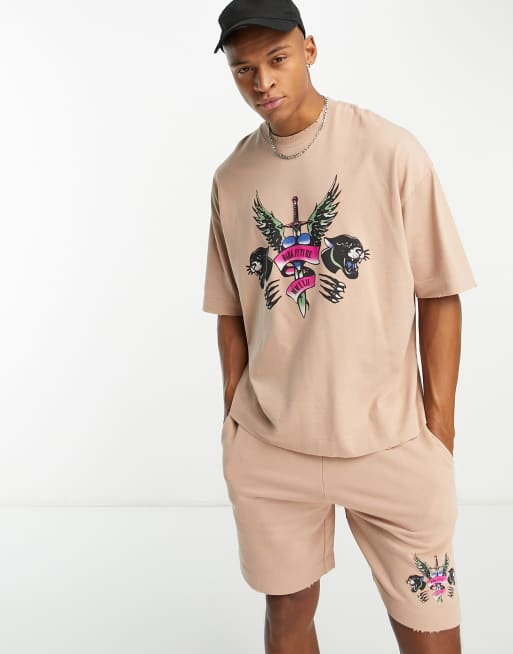 ASOS Dark Future T-shirt with raw edges and graphic print in taupe - part of a set