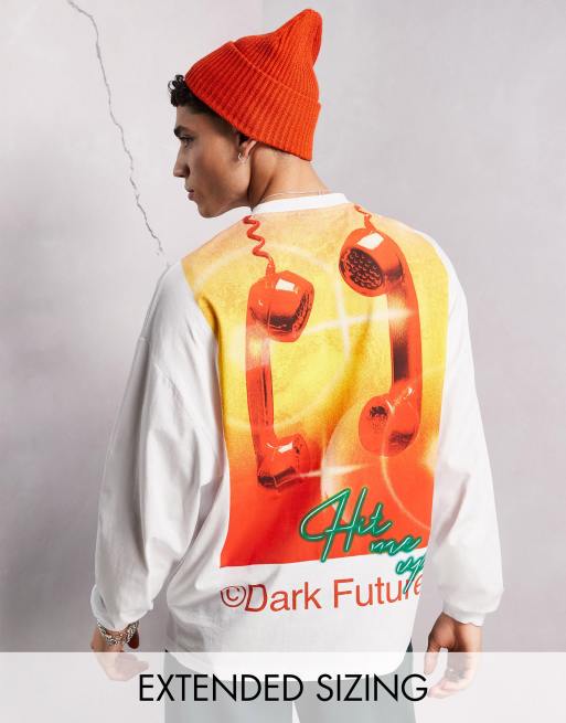 ASOS Dark Future – Vit långärmad t-shirt i oversize med grafiskt telefontryck baktill