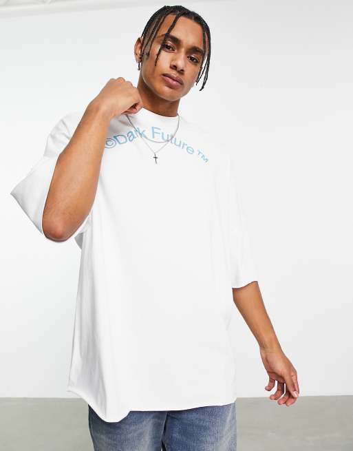 ASOS Dark Future – Vit t-shirt i extra oversize med råskurna fållar och puffig logga vid halsen