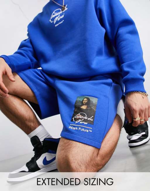 ASOS Dark Future x Mona Lisa co-ord relaxed shorts with graphic print in blue
