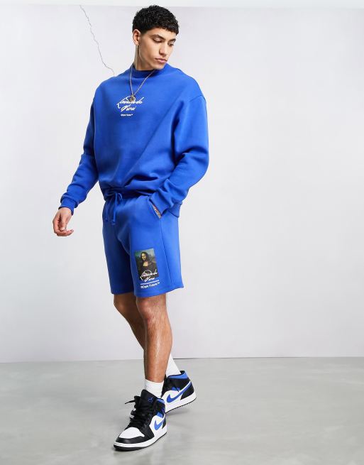 ASOS Dark Future x Mona Lisa relaxed shorts with graphic print in blue - part of a set, 4 of 4