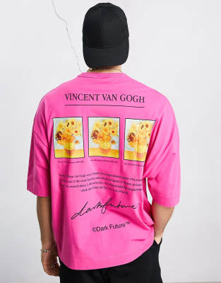 ASOS Dark Future x Vincent Van Gogh oversized t-shirt with multiple graphic and logo prints in pink