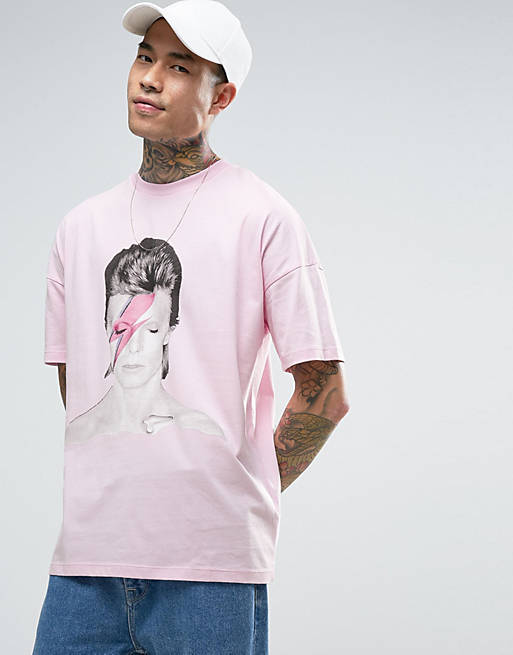 ASOS David Bowie Dropped Shoulder Oversized Band T-Shirt In Pink