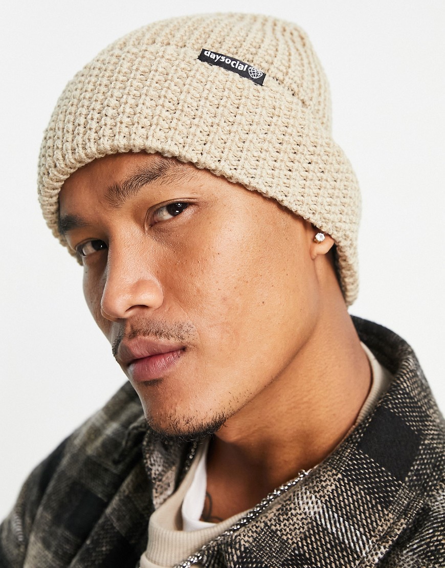 ASOS Day Social fisherman beanie in gray waffle design-Neutral
