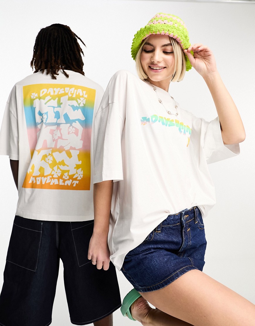 ASOS Day Social oversized t-shirt with large rainbow graphic print in white
