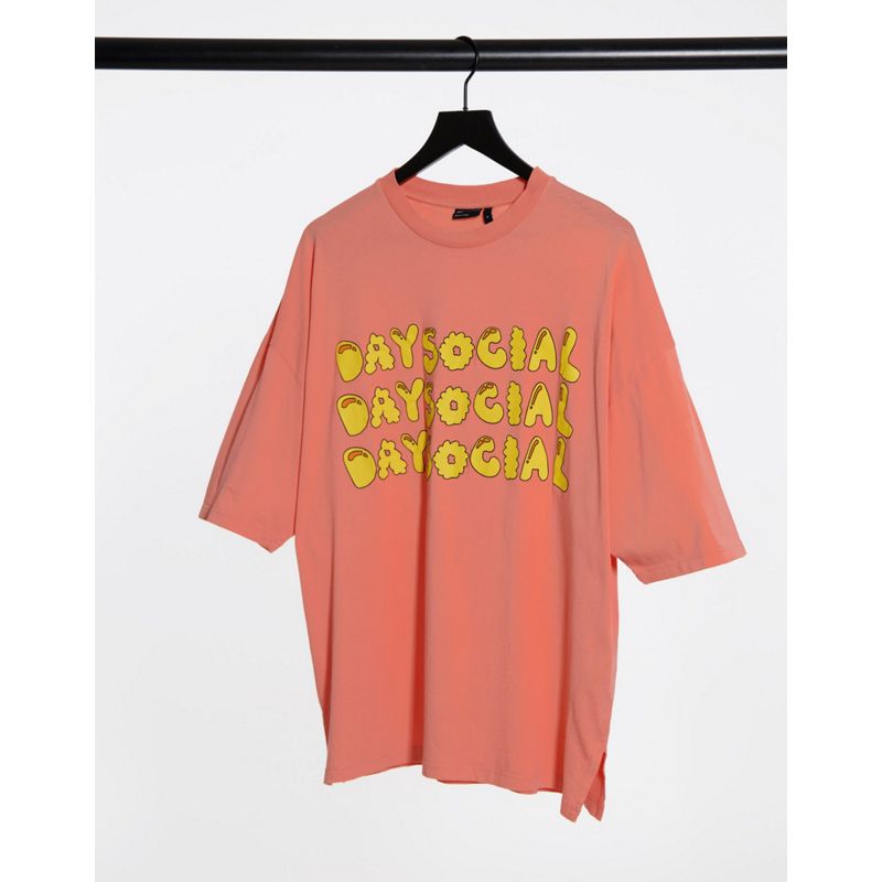 T-shirt e Canotte Uomo Day Social - T-shirt oversize lavaggio acido con scritta in rilievo e fondo arrotondato
