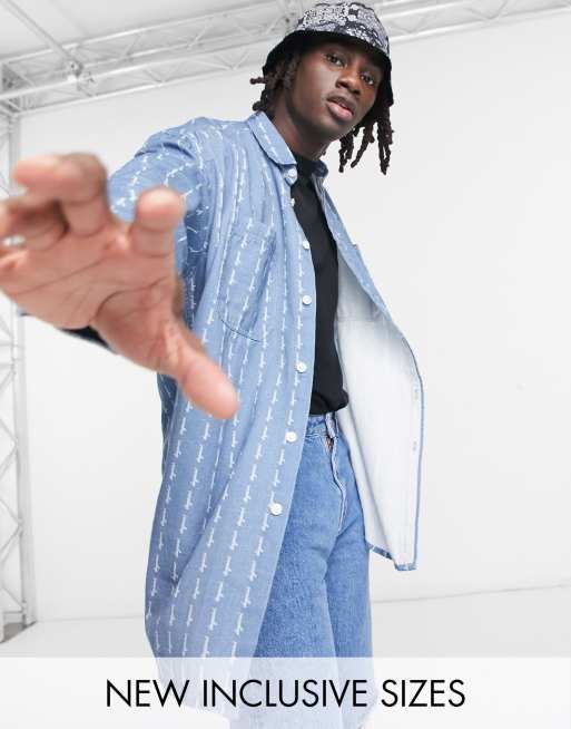 ASOS Daysocial 90s oversized fit denim shirt in logo all over stripe print