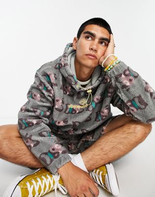 ASOS Daysocial co-ord oversized hoodie in all over print teddy borg with logo embroidery in grey - ASOS Price Checker