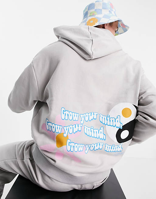 ASOS Daysocial co-ord oversized hoodie with multi placement logo and graphic prints in stone