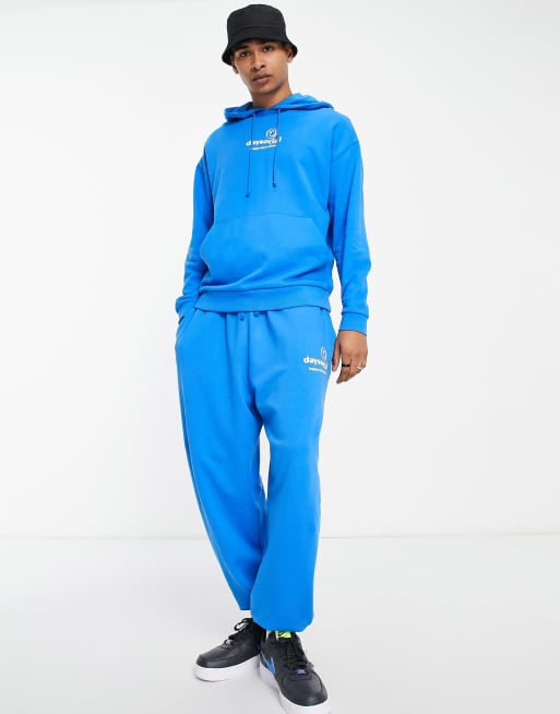 ASOS Daysocial co-ord oversized joggers with logo print in bright blue, 3 of 4