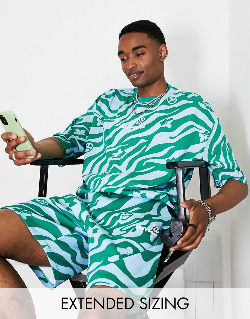 ASOS Daysocial co-ord oversized t-shirt in all over graphic print in blue and green