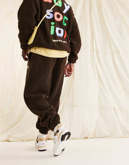 ASOS Daysocial co-ord relaxed joggers in teddy borg with large back logo embroidery in brown, 2 of 4