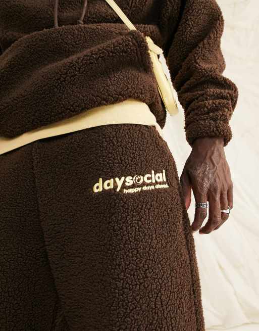 ASOS Daysocial co-ord relaxed joggers in teddy borg with large back logo embroidery in brown, 3 of 4