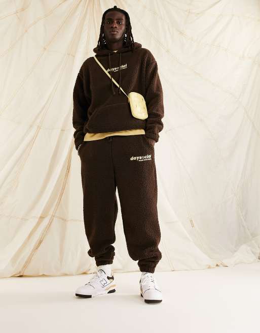 ASOS Daysocial co-ord relaxed joggers in teddy borg with large back logo embroidery in brown, 4 of 4