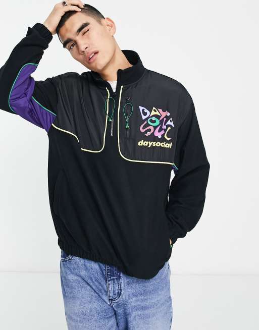 ASOS Daysocial - Felpa oversize con zip corta in pile nero con fluo